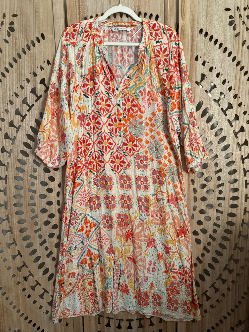 Zara Boho Printed Midi Dress XL Bright Coastal Patchwork - Picture 2 of 6